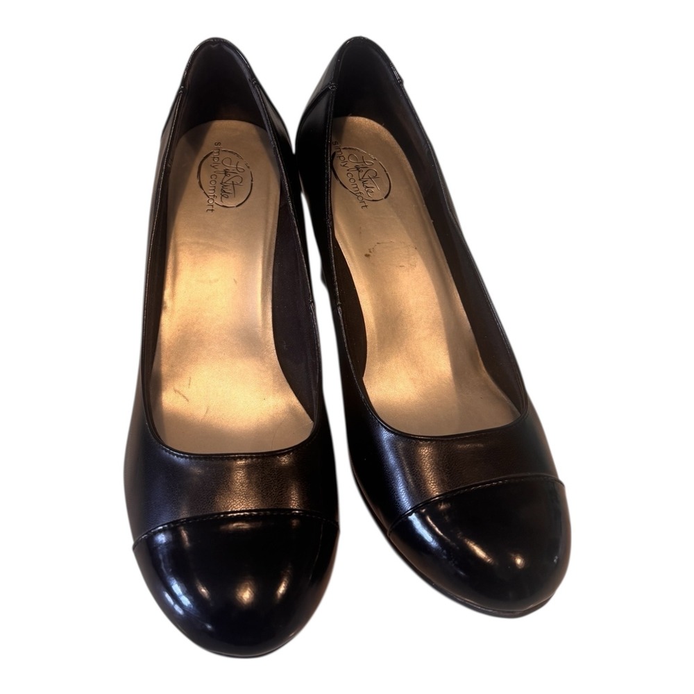 LifeStride Simply Comfort Black Patent Cap Toe Pumps Block Heel Shoes Womens 11M